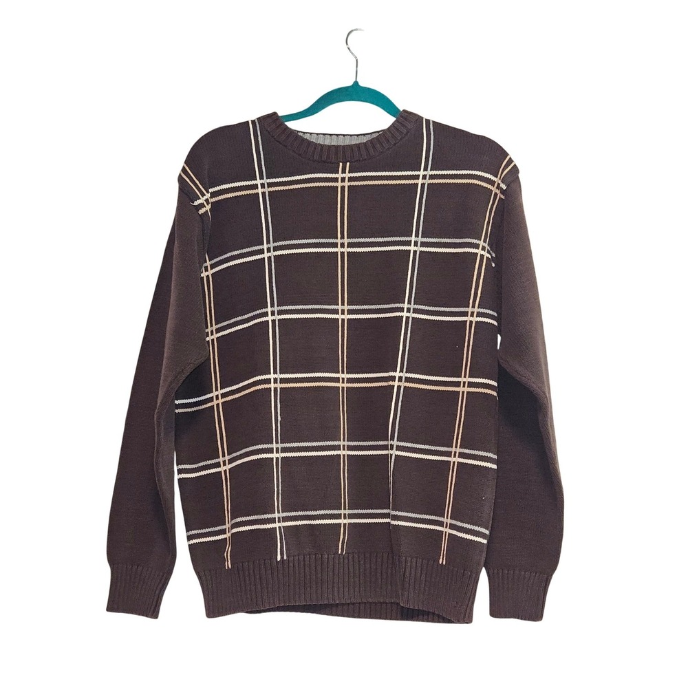 Oscar de la Renta Mens Brown Windowpane Grid Cotton Crewneck Sweater Large L